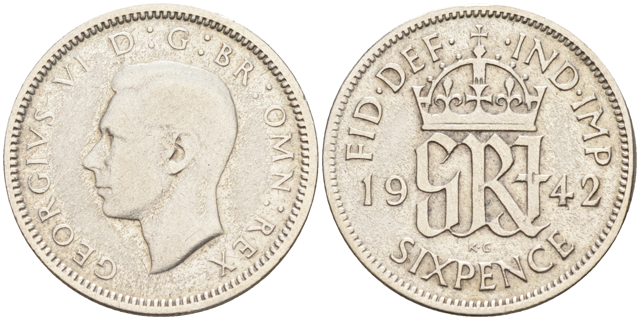 Великобритания 6 пенсов 1942 Георг VI (1936-1952) KM 852, Spink 4084 серебро 4588-615