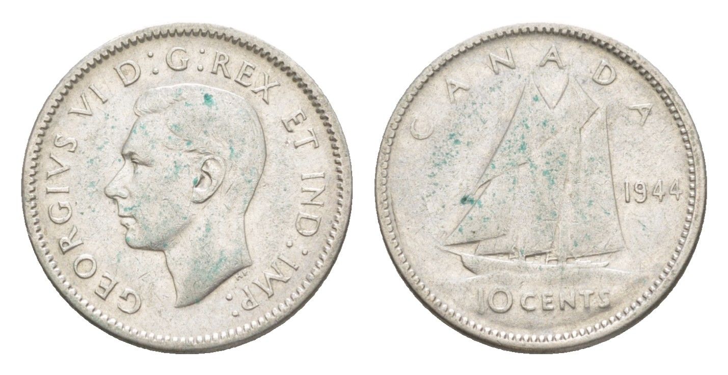Канада 10 центов 1944 Георг VI (1936-1952), парусник KM 34 серебро 4639-546