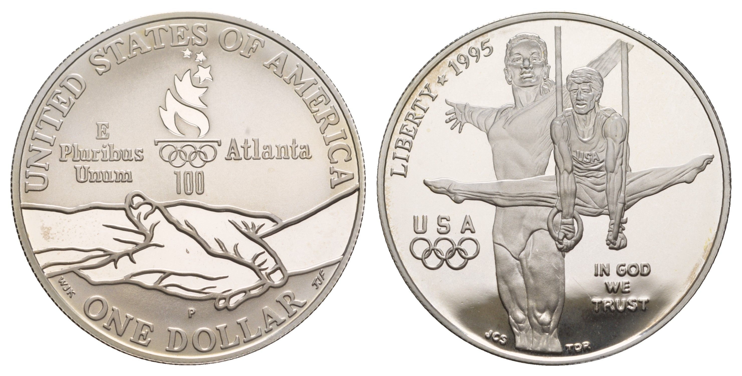 США 1 доллар 1995 P, XXVI летние Олимпийские Игры, Атланта 1996 - Гимнастика KM 260 серебро PROOF 11-263-23