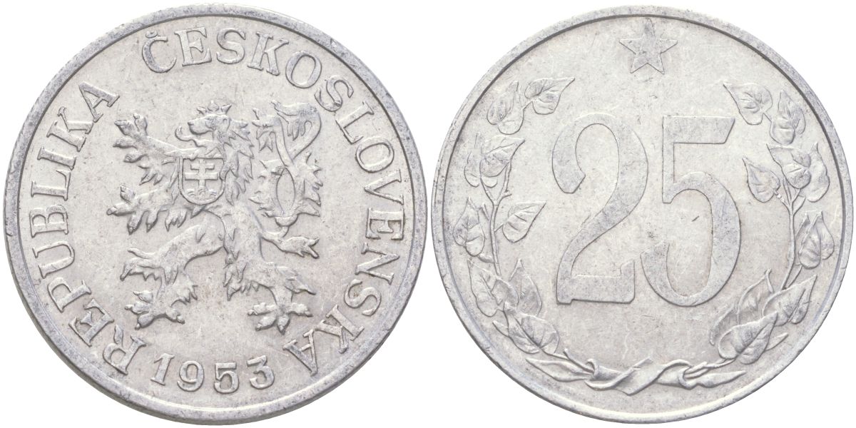 Чехословакия 25 геллеров 1953 KM 39 алюминий 4163-1254