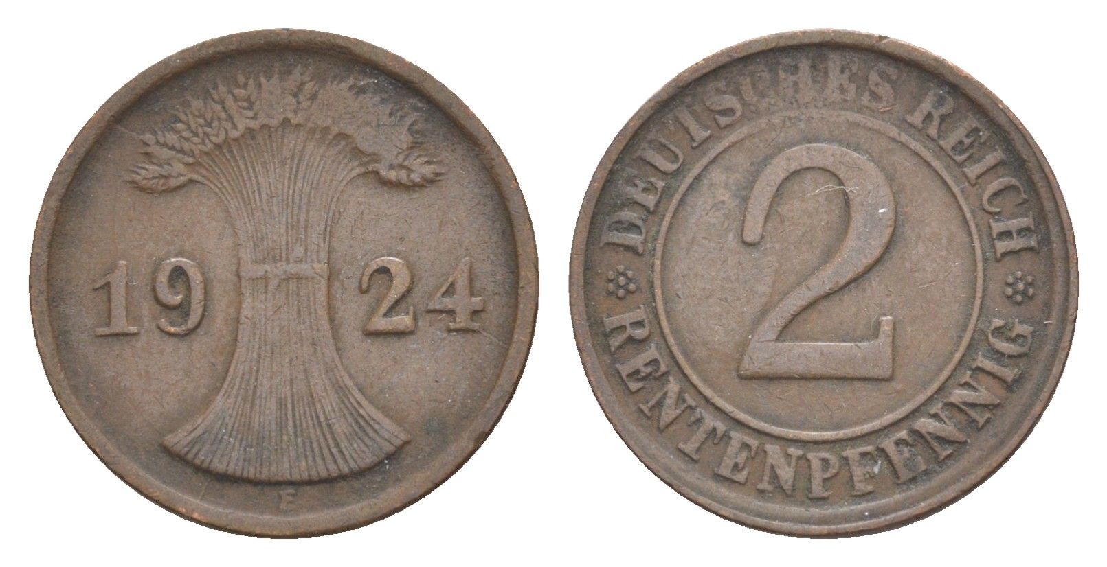 Германия 2 рентенпфеннига 1924 E KM 31, J.307, Weege 3 медь 4639-1236