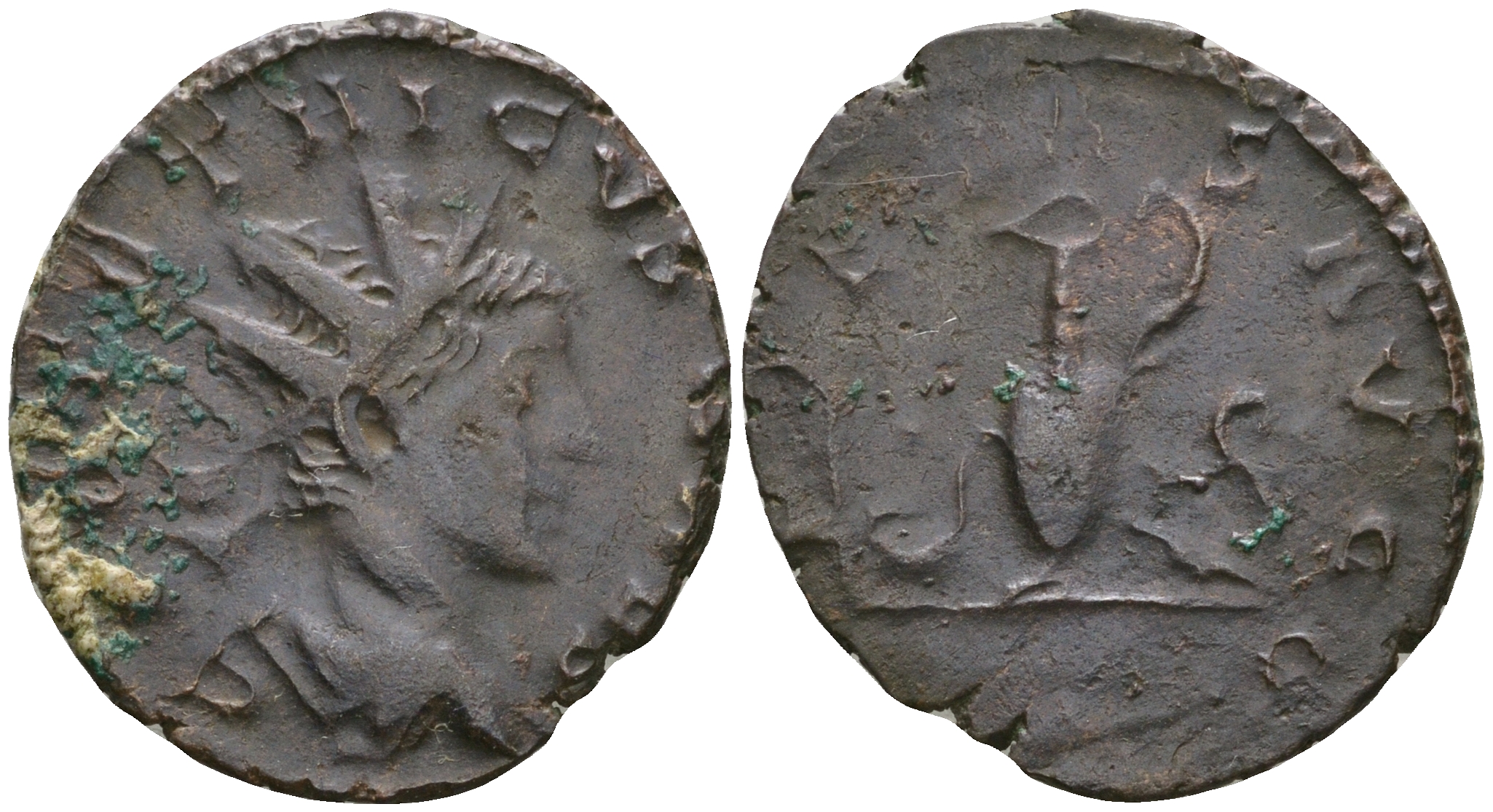 Римская Империя, императоры в Галлии антониниан 273 - 274 Тетрик II, C PIV ESV TETRICVS CAES, бюст цезаря / PIETAS AVGG, понтификальные атрибуты, Августа Треверов RIC 254 биллон 1073-20-52