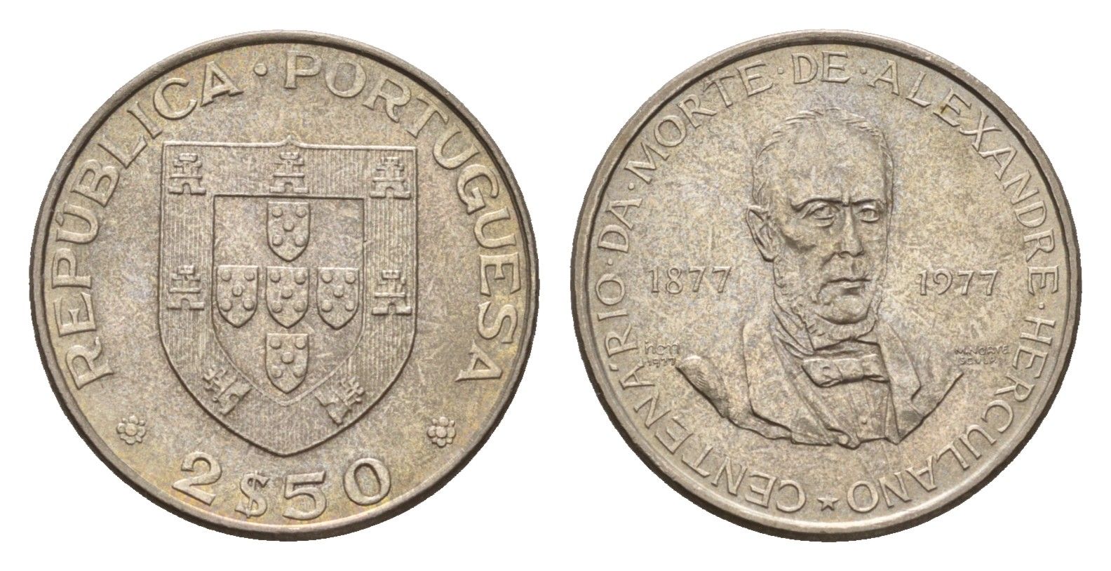 Португалия 2,5 эскудо 1977 100 лет со дня смерти Алешандре Эркулано KM 605 медно-никель UNC 4679-531