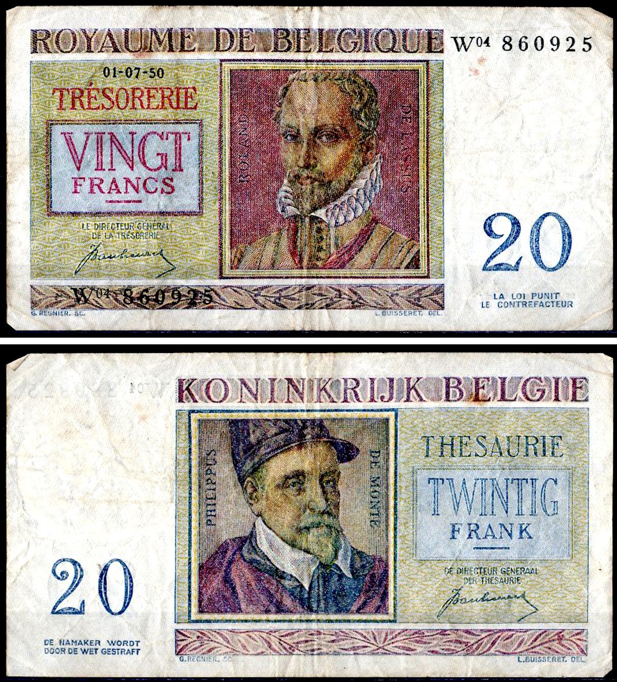 Бельгия 20 франков 1950 Pick 132 a бумага 8604-16-4-1