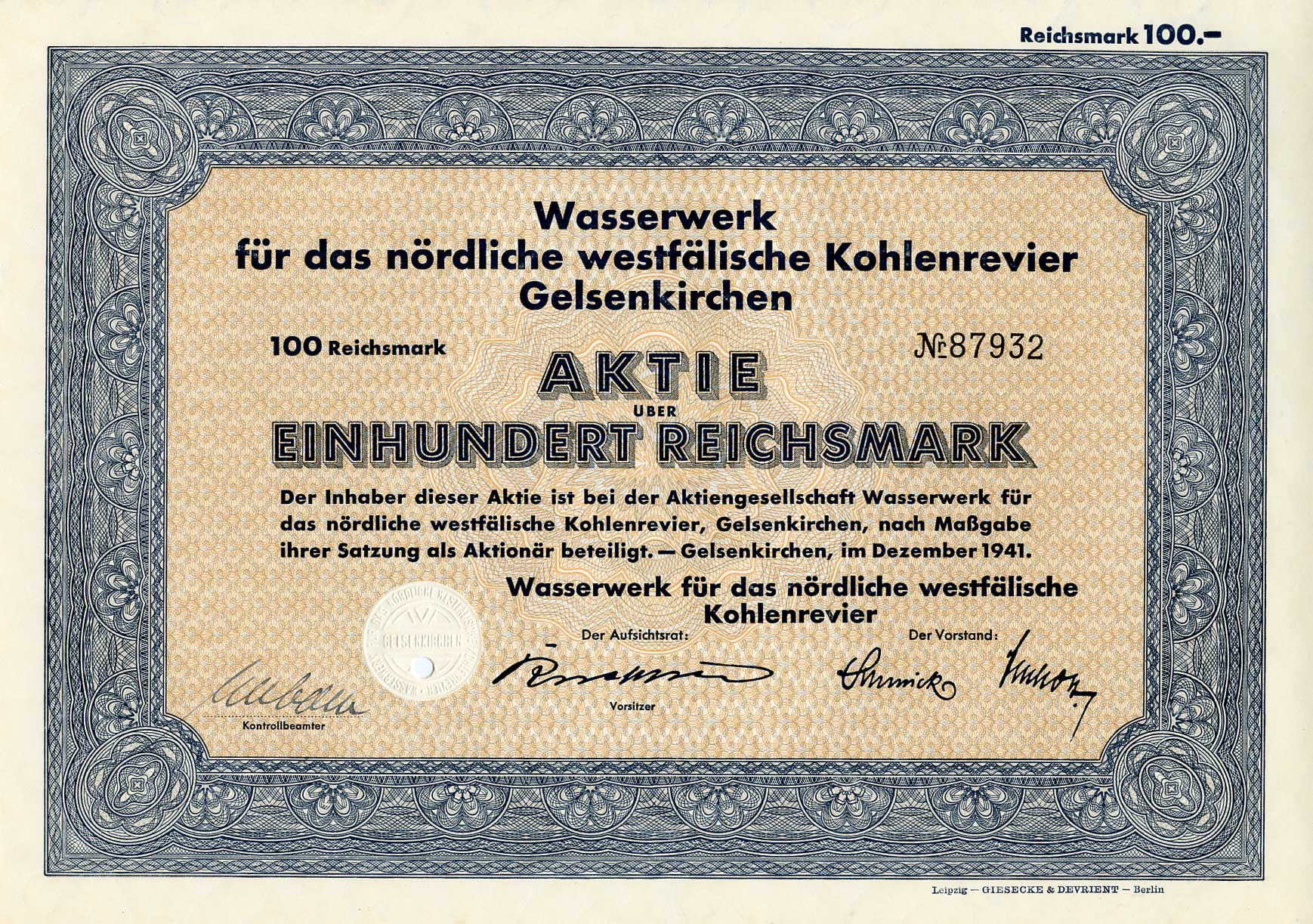 Германия 100 рейхсмарок 1941 Гидротехнические сооружения для угольного месторождения Гельзенкирхен в Северной Вестфалии, акция   бумага   8802-37-1