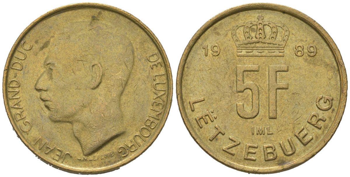 Люксембург 5 франков 1989 Великий герцог Жан (1964-2000) KM 65 алюминиевая бронза 4619-642