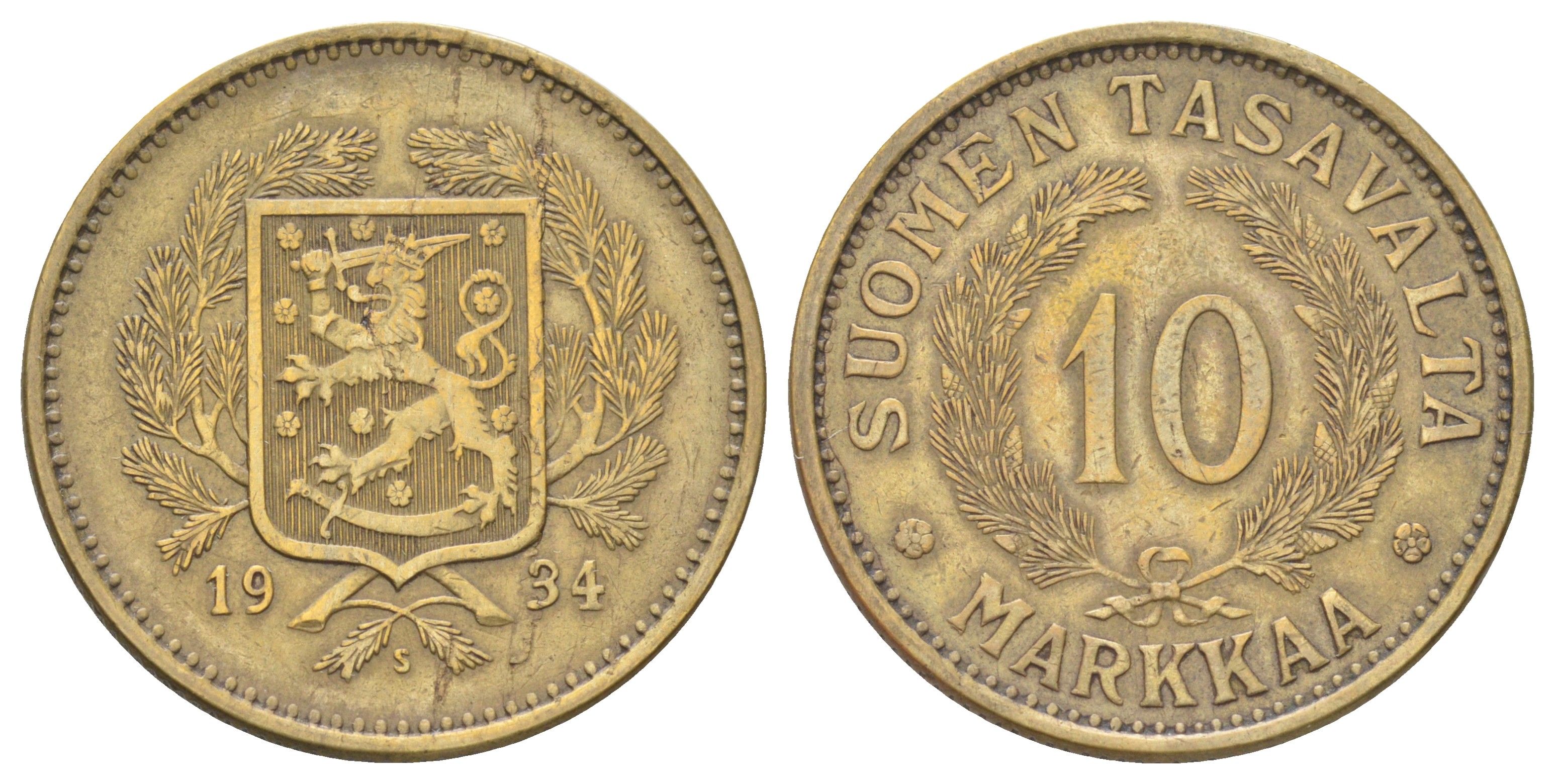 Финляндия 10 марок 1934 KM 32a алюминиевая бронза 4666-837