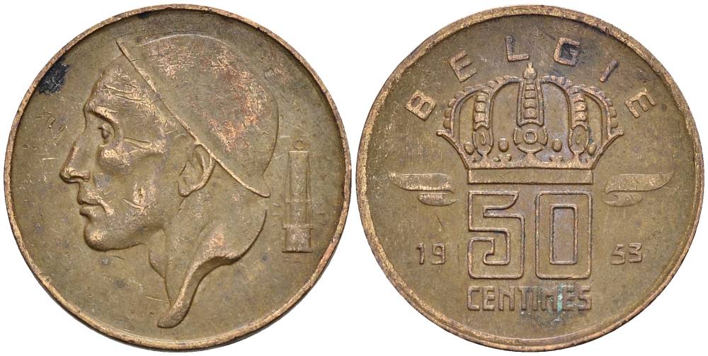 Бельгия 50 сантимов 1953 Belgie, Бодуэн I (1951-1993) KM 149.1 бронза 4528-963