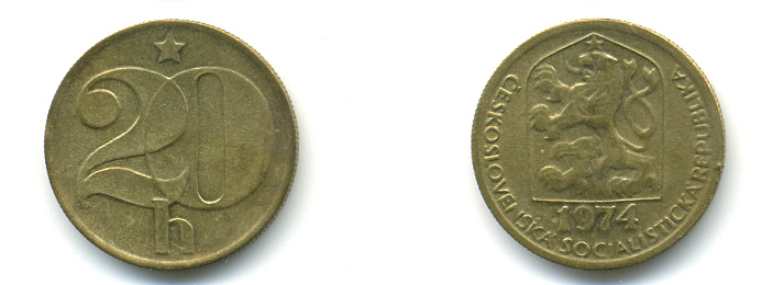 ЧЕХОСЛОВАКИЯ 20 ГЕЛЛЕРОВ 1974 KM 74 латунь 89-1814