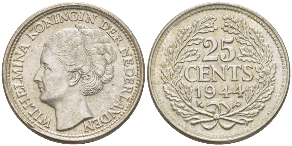 Нидерланды 25 центов 1944 Вильгельмина (1890-1948) KM 164 серебро aUNC 66-1154