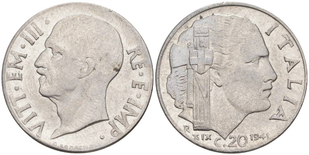 ИТАЛИЯ 20 ЧЕНТЕЗИМО 1941 R, ГОД XIX, ВИКТОР ЭММАНУИЛ III (1900-1946) KM 75b, VEM3. 1028 нержавеющая сталь 3853-921