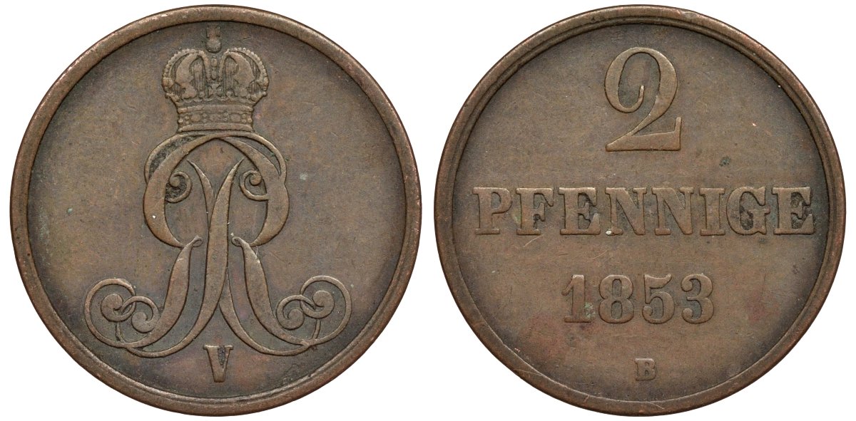 Брауншвейг-Каленберг-Ганновер 2 пфеннига 1853 B, Георг V (1851-1866) KM 217,aKS 152, J. 84 медь 4142-222