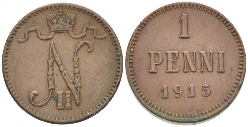 РОССИЯ ДЛЯ ФИНЛЯНДИИ 1 ПЕННИ 1915 НИКОЛАЙ II KM 13, Биткин 475 медь 261-1131