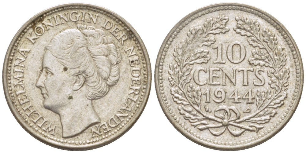 Нидерланды 10 центов 1944 Вильгельмина (1890-1948) KM 163 серебро aUNC 66-1266