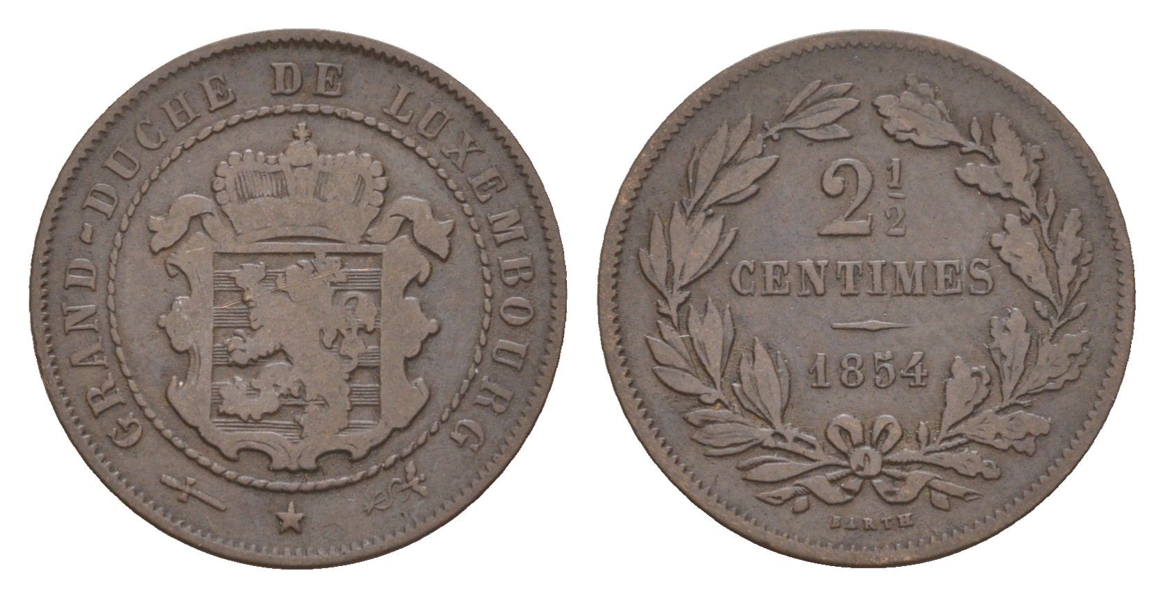 Люксембург 2 1/2 сантима 1854 Виллем III (1849-1890) KM 21 бронза 4655-239