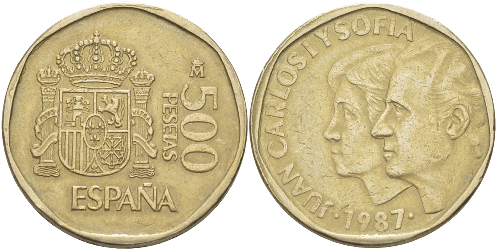 ИСПАНИЯ 500 ПЕСЕТ 1987 ХУАН КАРЛОС И СОФИЯ, ХУАН КАРЛОС I ( 1975-) KM 831 медь алюминий никель 4185-1023