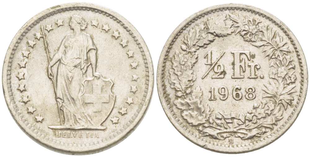 Швейцария 1/2 франка 1968 В KM 23а.1 медно-никель 217-1135