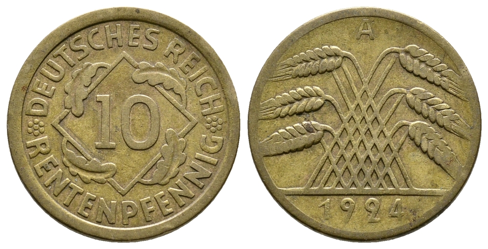 ГЕРМАНИЯ 10 РЕНТЕНПФЕННИГОВ 1924 A KM 33, J. 309, Weege 8 алюминиевая бронза 4380-924