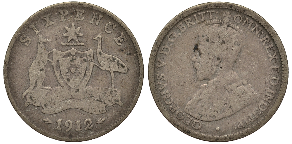 Австралия 6 пенсов 1912 Георг V (1910-1936), герб Австралии, редкий год KM 25 серебро 272-531