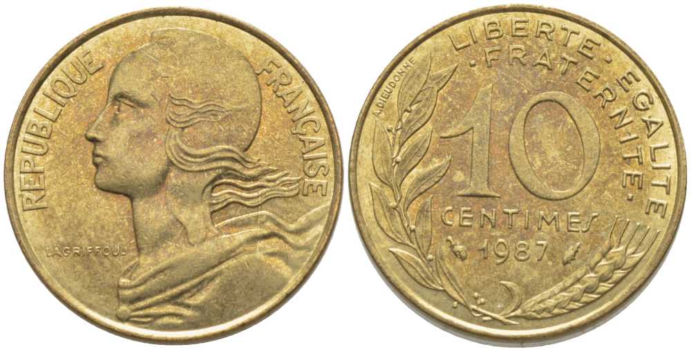 ФРАНЦИЯ 10 САНТИМОВ 1987 ТИП MARIANNE KM 929, LE FRANC 144.27 медь алюминий никель 116-265