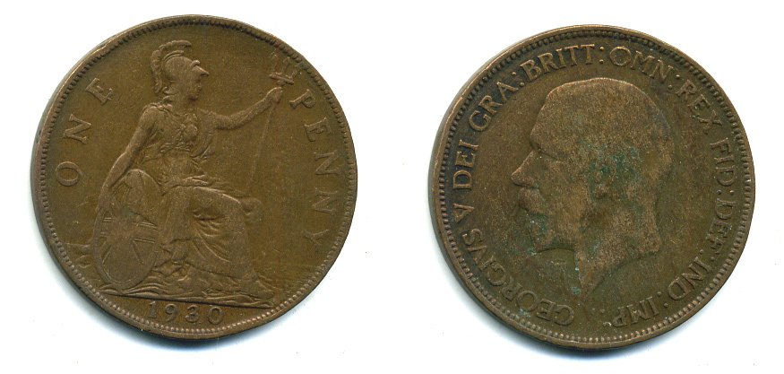 Великобритания 1 пенни 1930 Георг V (1910-1936) КМ 838, Spink 4055 бронза 41-1032