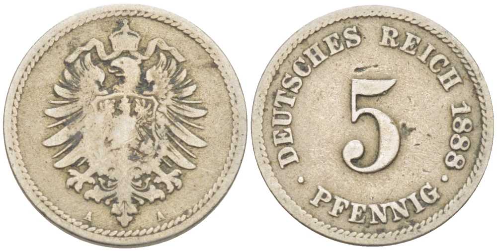 ГЕРМАНИЯ 5 ПФЕННИГОВ 1888 А, СТАРОГЕРБОВКА KM 3, J. 3 медно-никель 206-1165
