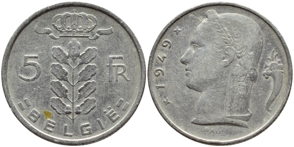 Бельгия 5 франков 1949 Belgie, Леопольд III (1934-1951) KM 135.1 медно-никель 4395-517