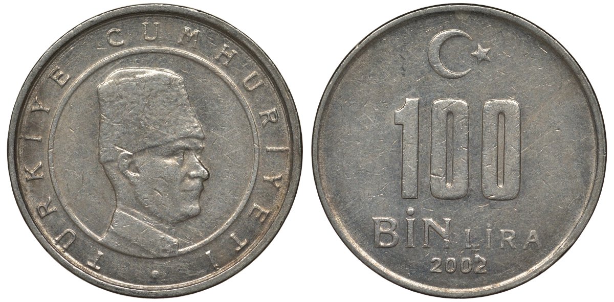 Турция 100000 лир 2002 Мустафа Кемаль Ататюрк KM 1106 медь никель цинк 4122-251