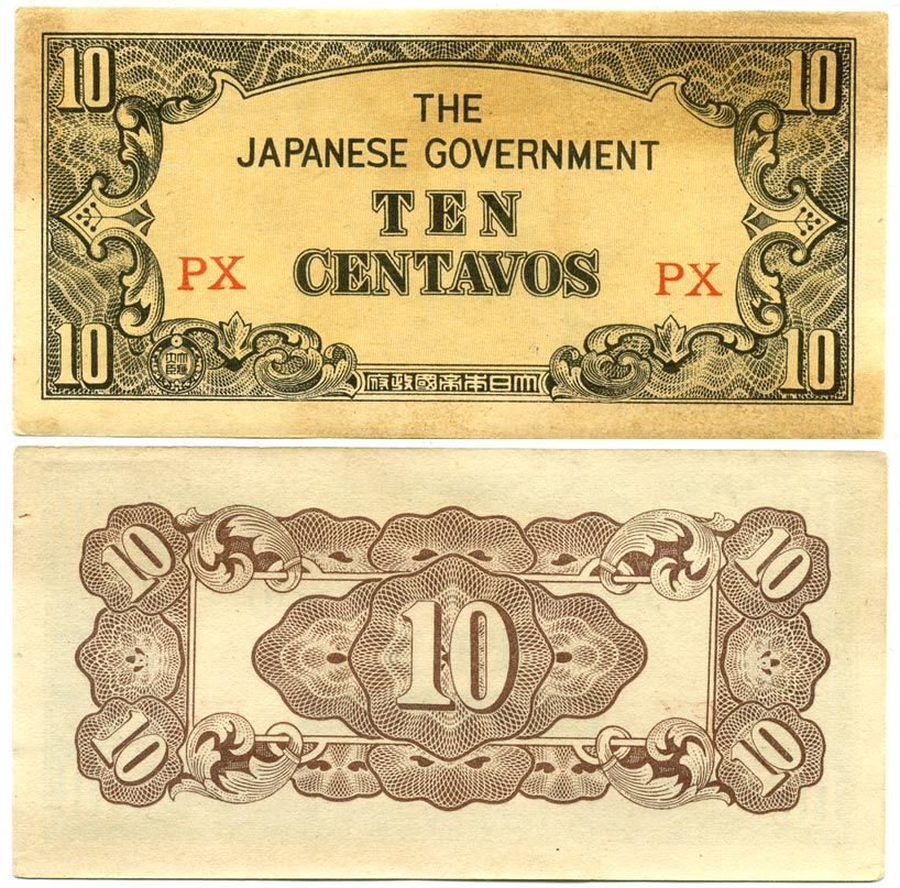 ФИЛИППИНЫ 10 СЕНТАВО 1942 ЯПОНСКАЯ ОККУПАЦИЯ, ВТОРАЯ МИРОВАЯ ВОЙНА, СЕРИЯ PX Pick 104а бумага 3295-7-2