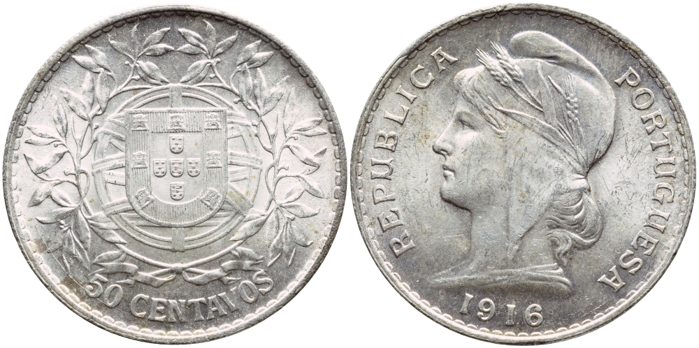 Португалия 50 сентаво 1916 голова свободы KM 561 серебро  UNC  1530-1141