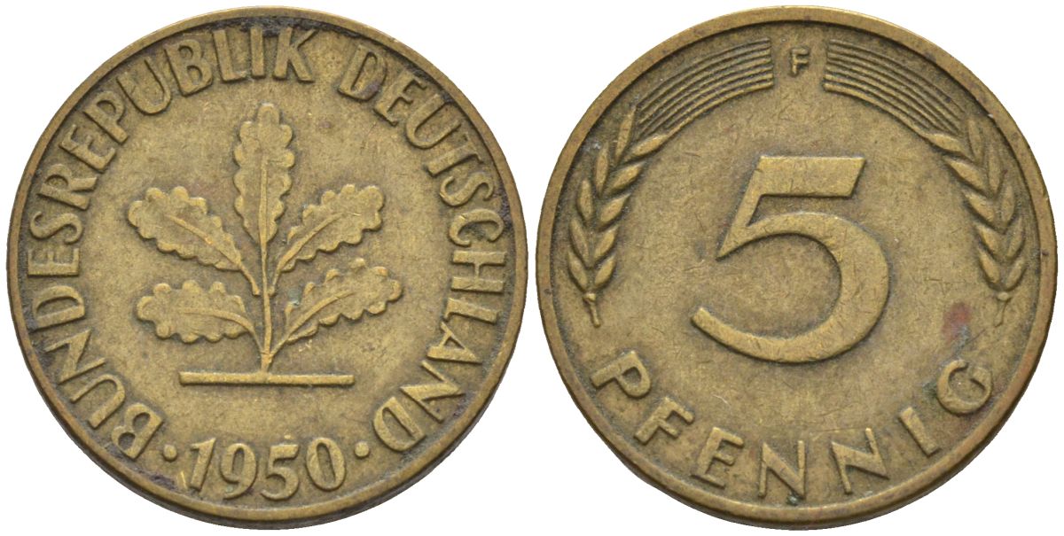 ФРГ 5 пфеннигов 1950 F KM 107 сталь плакированная латунью 4115-456