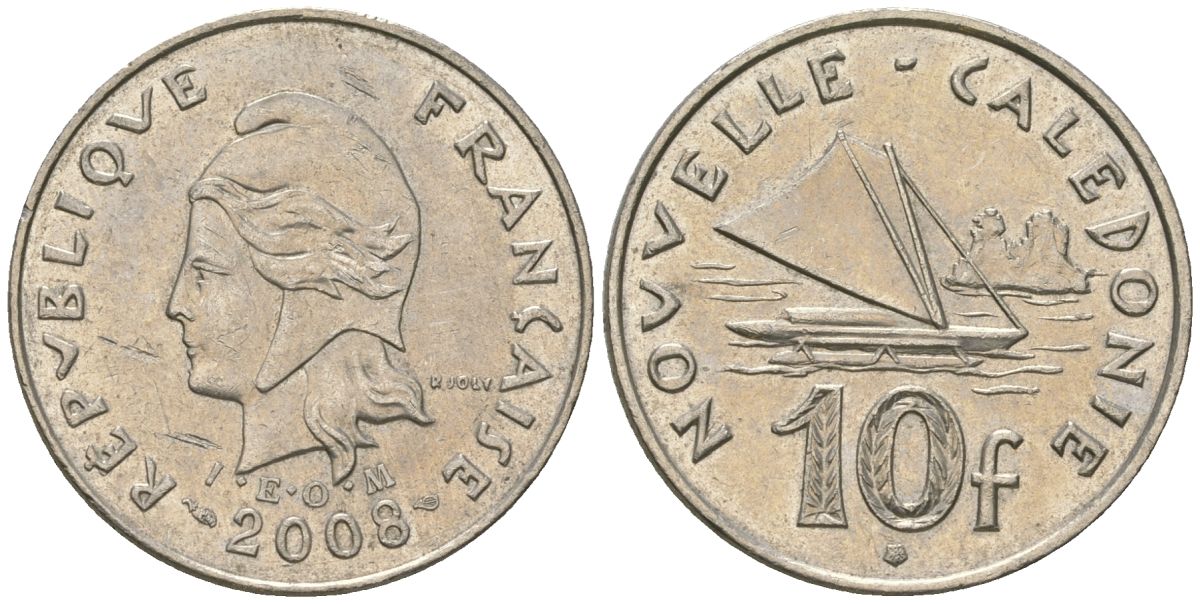 Французская Новая Каледония 10 франков 2008 рыбачья парусная лодка, (IEOM) KM 11a, Schoen 13a, Lec 99k медно-никель 60-753