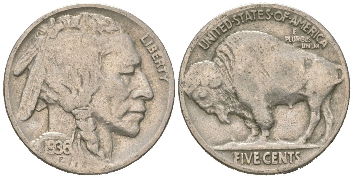 США 5 центов 1936 индеец, бизон KM 134 медно-никель 4614-1245