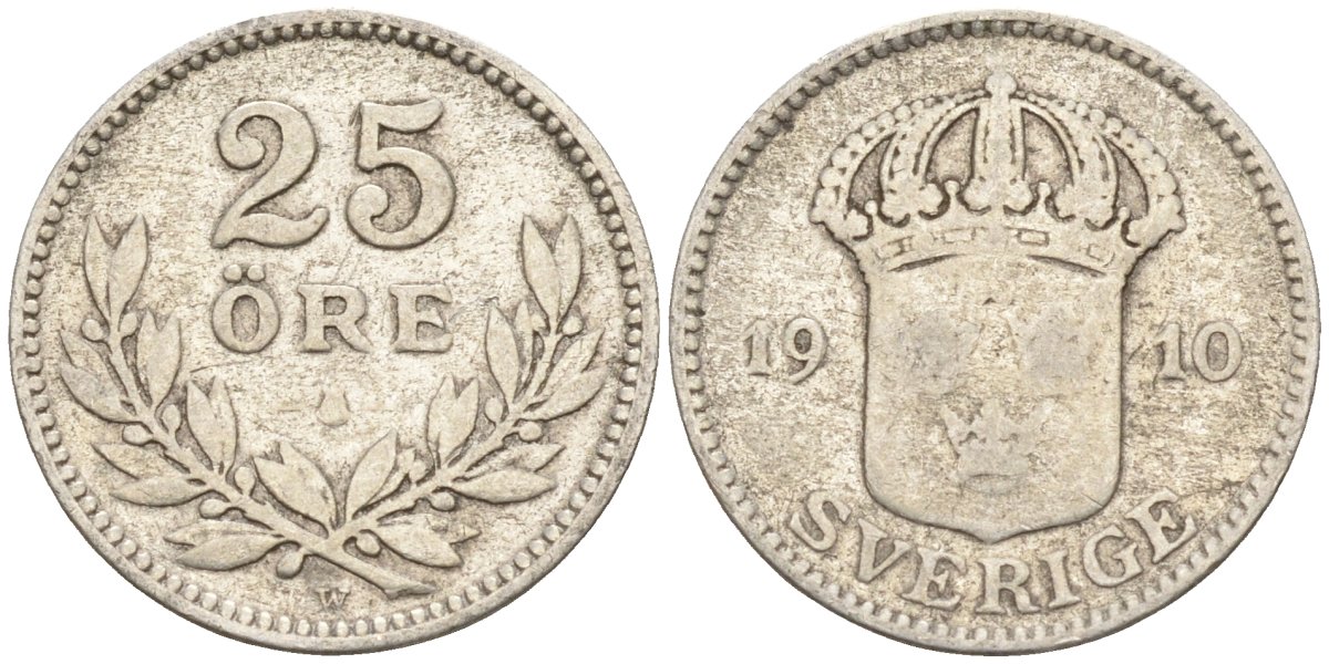 Швеция 25 эре 1910 W, Густав V (1907-1950) KM 785 серебро 4147-935