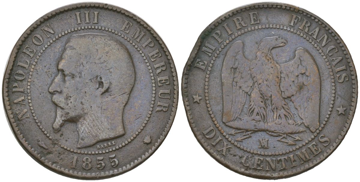 Франция 10 сантимов 1855 MA, Наполеон III (1852-1870) KM 771.6, Le Franc 133 бронза 4607-831
