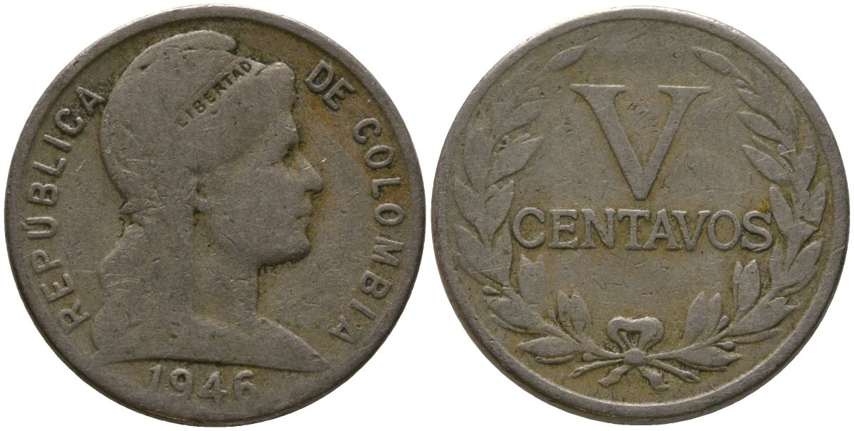 Колумбия 5 сентаво 1946 KM 199, Schon 14, Restrepo 368 медно-никель 4576-1226