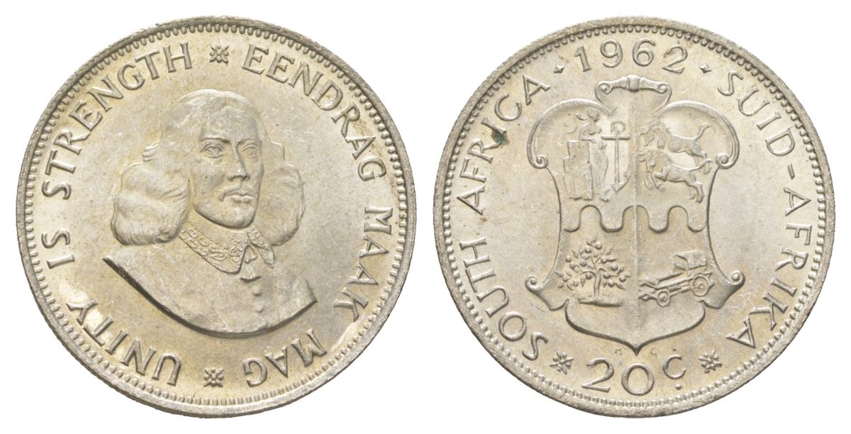 ЮАР 20 центов 1962 KM 61 серебро UNC 4622-733