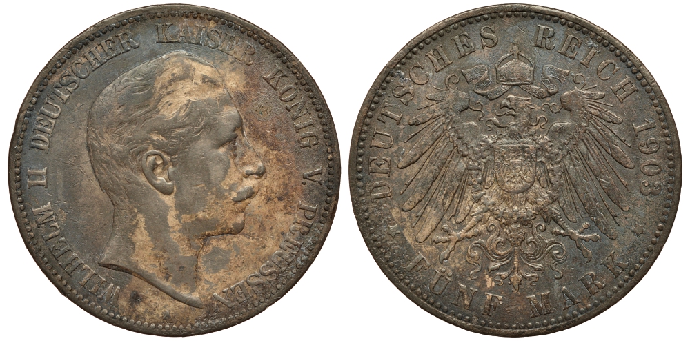 Пруссия 5 марок 1903 Вильгельм II (1888-1918) KM 523, J.104 серебро    413-6232