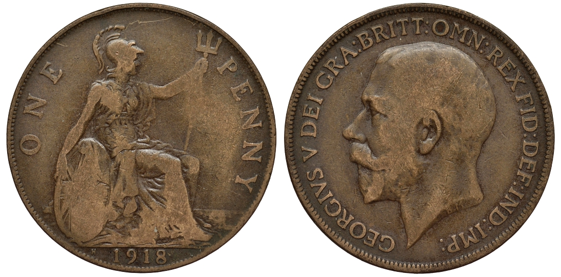 Великобритания 1 пенни 1918 H, Георг V (1910-1936) HEATON MINT KM 810, Spink 4052 бронза 1524-534