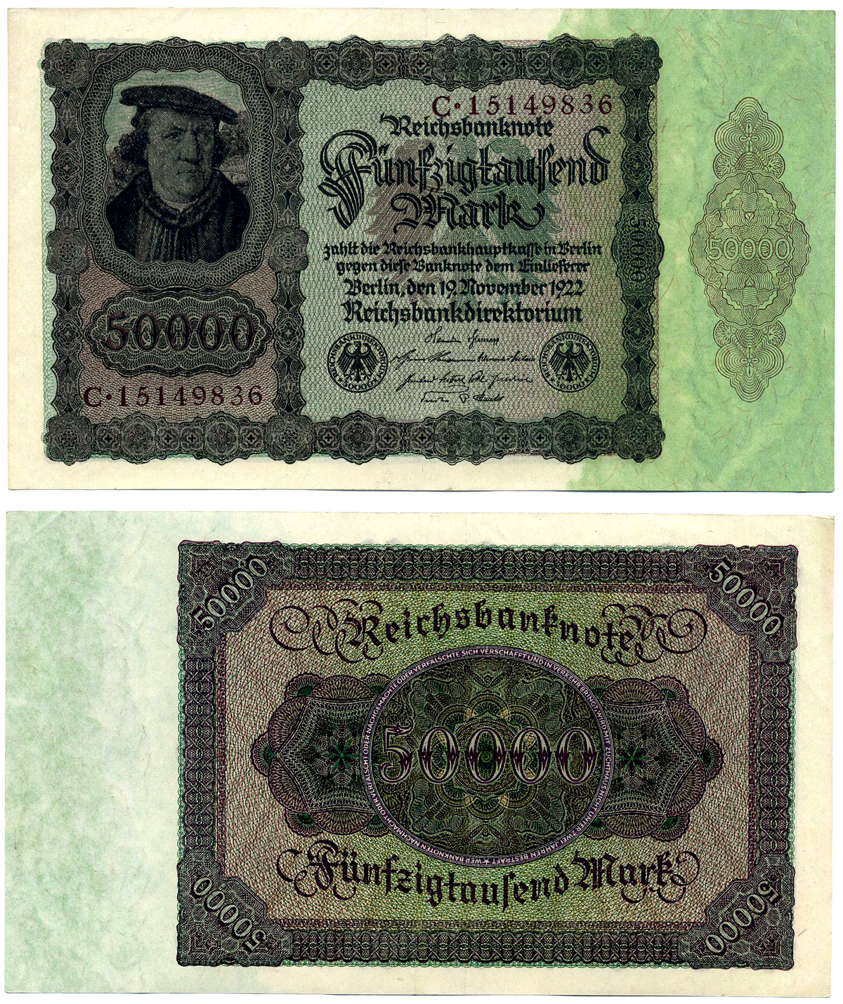 ГЕРМАНИЯ 50000 МАРОК 1922 19 НОЯБРЯ 1922, СЕРИЯ С Pick 80, Роземберг 78 бумага XF+ 7553-43-2