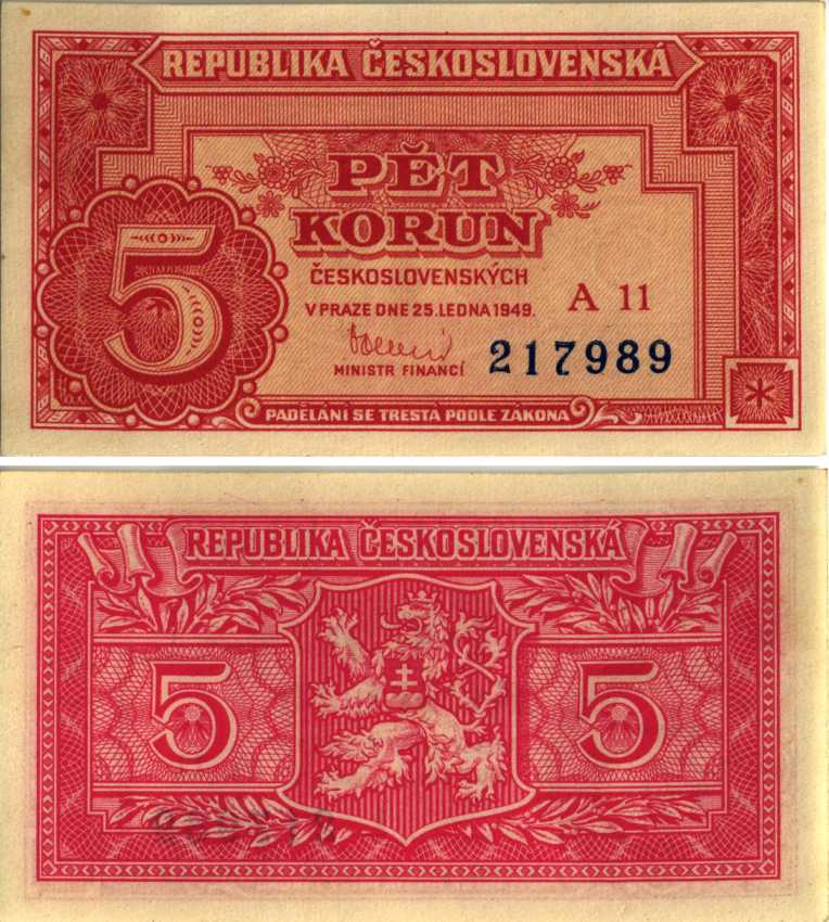 ЧЕХОСЛОВАКИЯ 5 КРОН 1949 Pick 68а бумага UNC (ПРЕСС) 6312-57-3-1