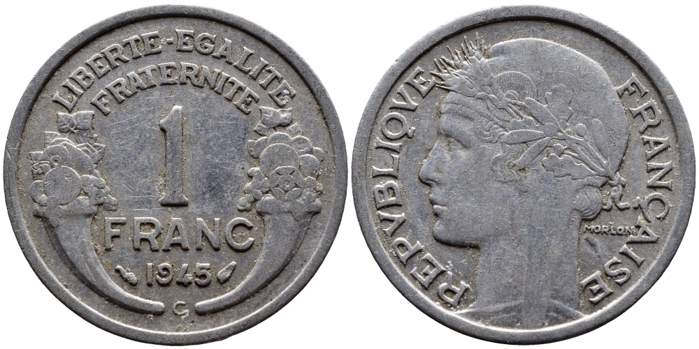ФРАНЦИЯ 1 ФРАНК 1945 C KM 885a.3 алюминий 4393-1137