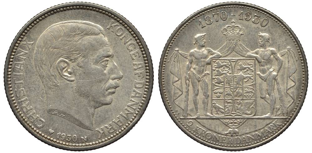 Дания 2 кроны 1930 N; AH, 60 лет королю Кристиану X (1870-1930) KM 829 серебро 69-423