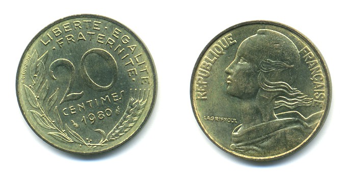 ФРАНЦИЯ 20 САНТИМОВ 1980 KM 930 медь алюминий никель 25-213
