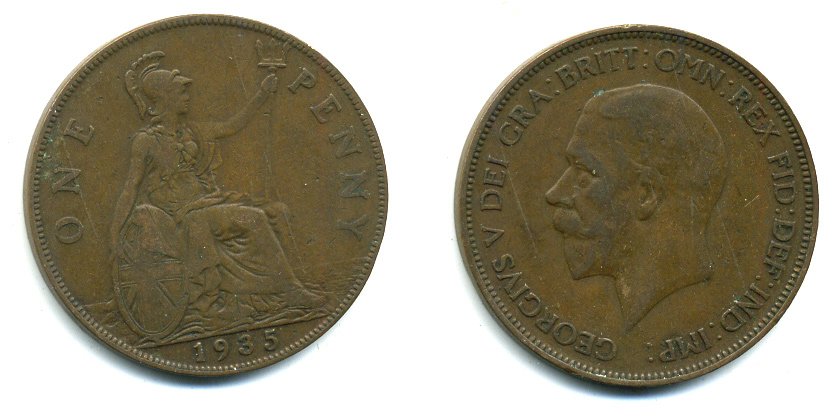 Великобритания 1 пенни 1935 Георг V (1910-1936) КМ 838, Spink 4055 бронза 41-1223