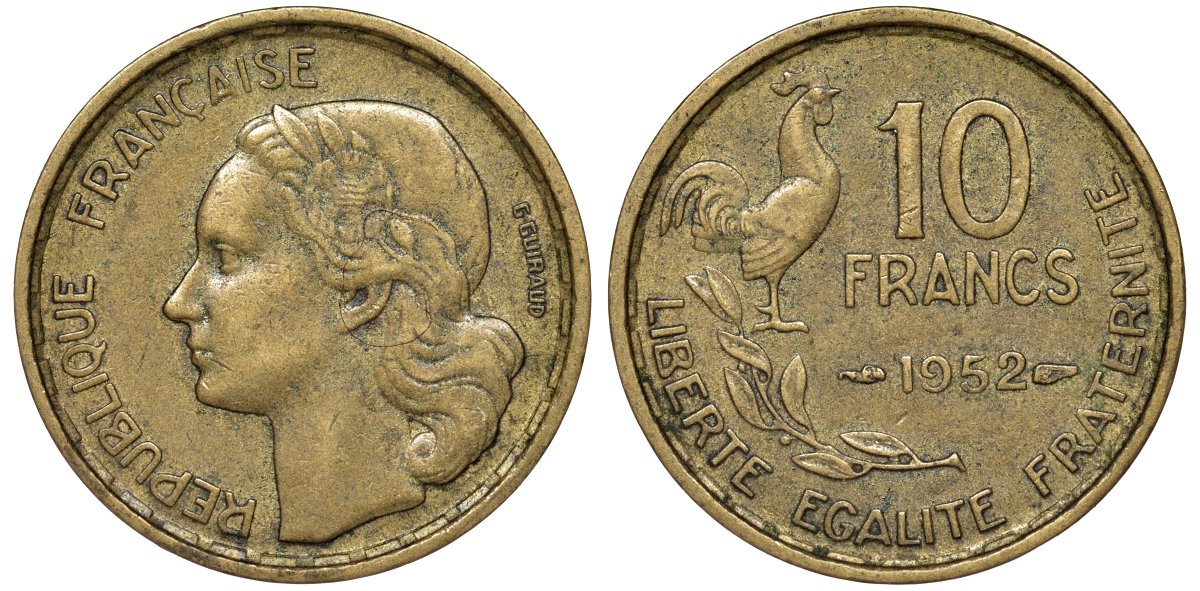 Франция 10 франков 1952 петух KM 915.1, Le Franc 363.4 алюминиевая бронза 51-2516