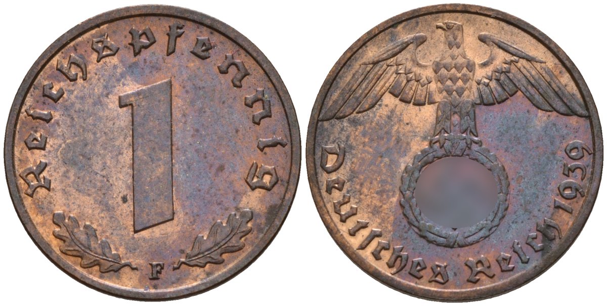 Германия 1 рейхспфенниг 1939 F KM 89, J. 361 бронза 4147-1216