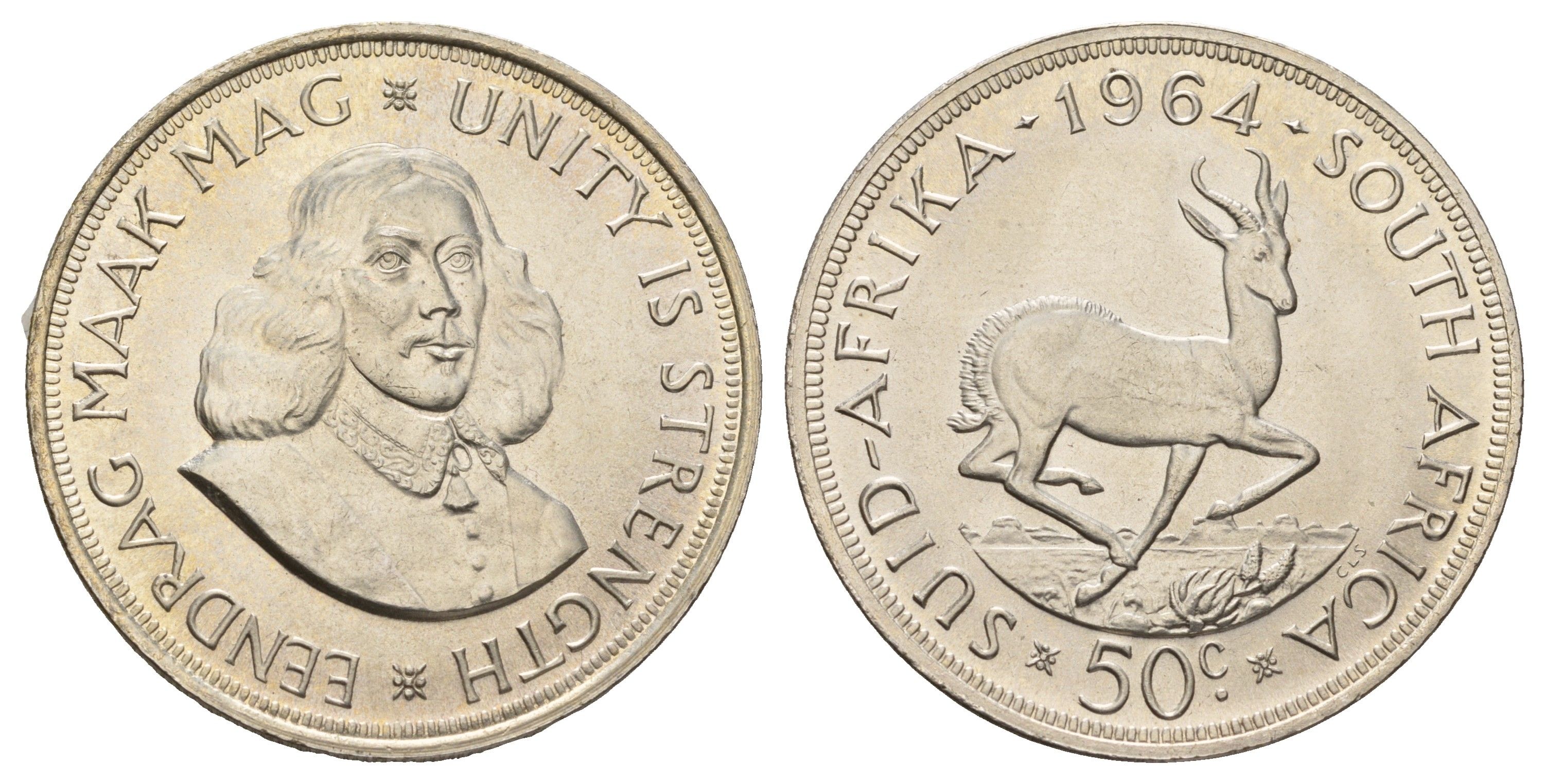 ЮАР 50 центов 1964 Ян ван Рибек, газель KM 62 серебро UNC 1515-1431