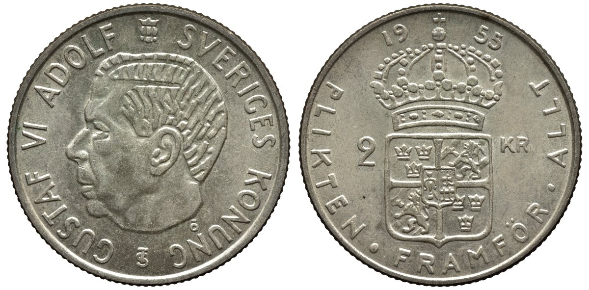 Швеция 2 кроны 1955 TS, Густав VI Адольф (1950-1973) KM 827 серебро 221-544