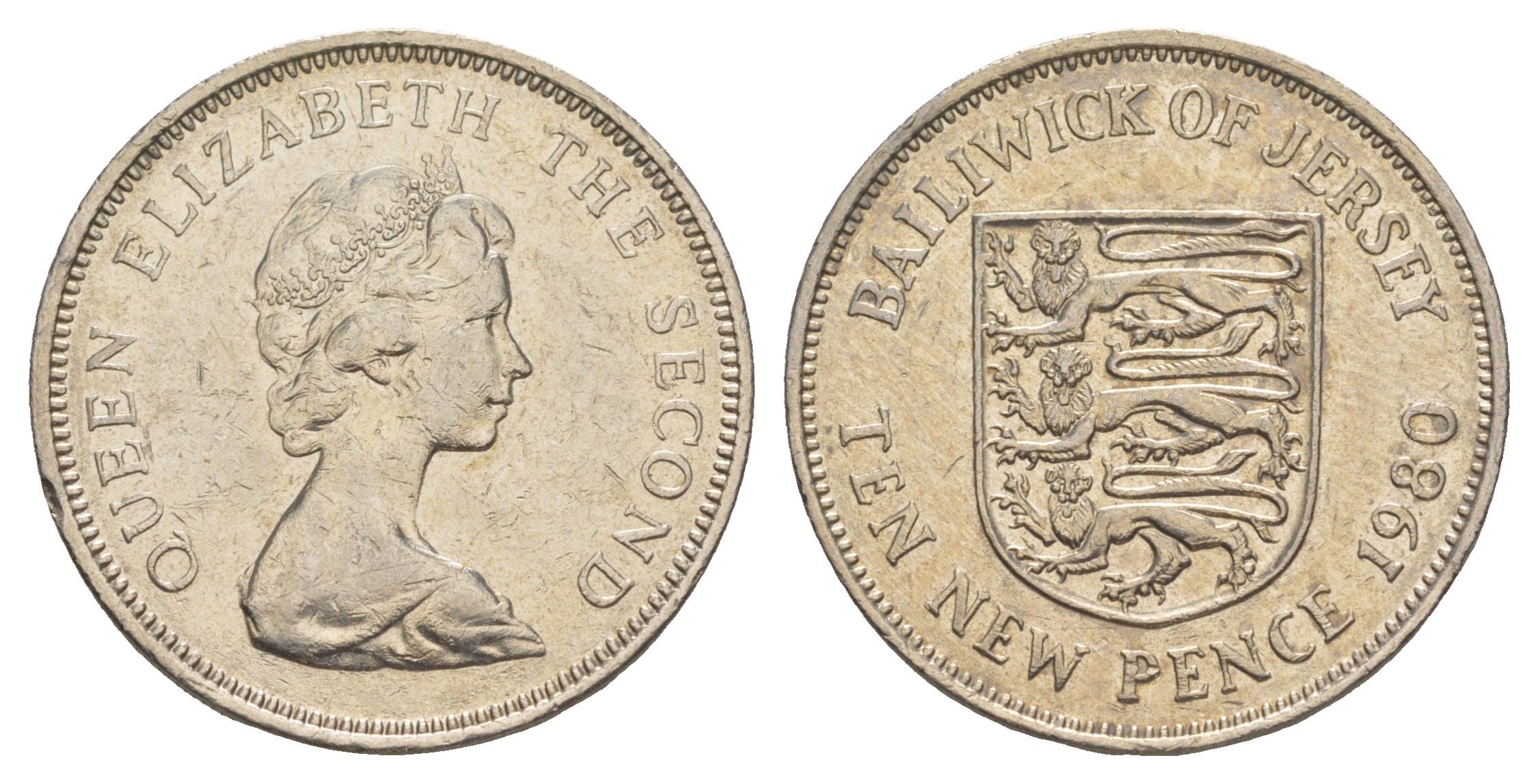 Джерси 10 пенсов 1980 герб, Елизавета II (1952-2022) KM 33 медно-никель 4652-553